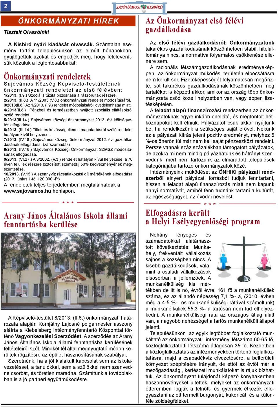 (I.9.) Szociális tűzifa biztosítása a rászorultak részére. 2/2013. (II.8.) A 11/2005.(V.8.) önkormányzati rendelet módosításáról. 3/2013(II.8.) Az 1/2013. (I.9.) rendelet módosításáról jövedelemhatár miatt.