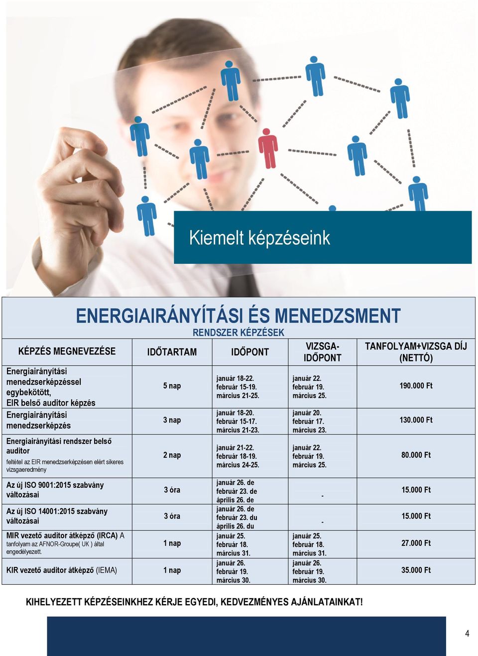 változásai MIR vezető auditor átképző (IRCA) A tanfolyam az AFNOR-Groupe( UK ) által engedélyezett. KIR vezető auditor átképző (IEMA) 5 nap 2 nap 3 óra 3 óra 1 nap 1 nap január 18-22. február 15-19.