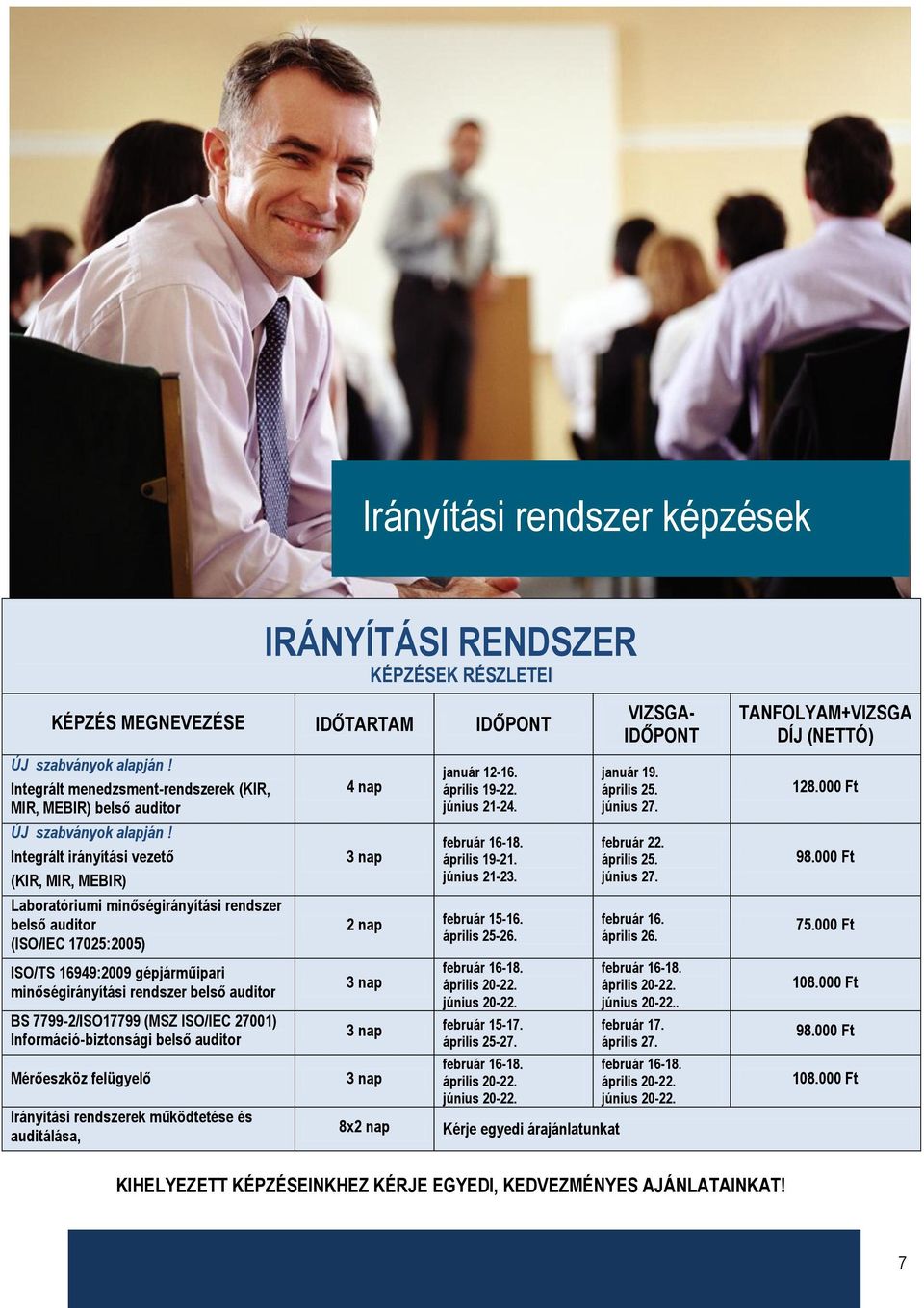 Integrált irányítási vezető (KIR, MIR, MEBIR) Laboratóriumi minőségirányítási rendszer belső auditor (ISO/IEC 17025:2005) ISO/TS 16949:2009 gépjárműipari minőségirányítási rendszer belső auditor BS