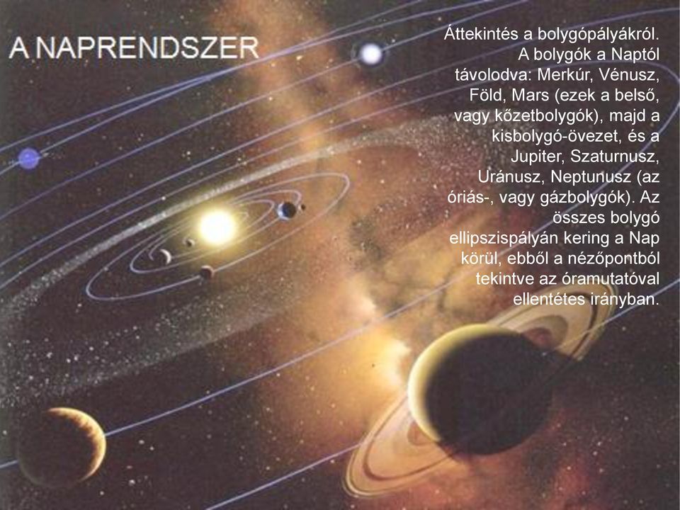 kőzetbolygók), majd a kisbolygó-övezet, és a Jupiter, Szaturnusz, Uránusz, Neptunusz