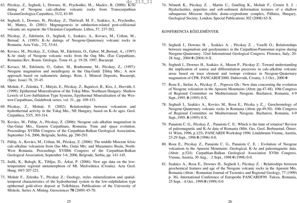 (2001): Magmagenesis in subduction-related post-collisional volcanic arc segment: the Ukrainian Carpathians. Lithos, 57, 237-262. 65. Pécskay, Z., Edelstein, O., Seghedi, I., Szakács, A., Kovacs, M.