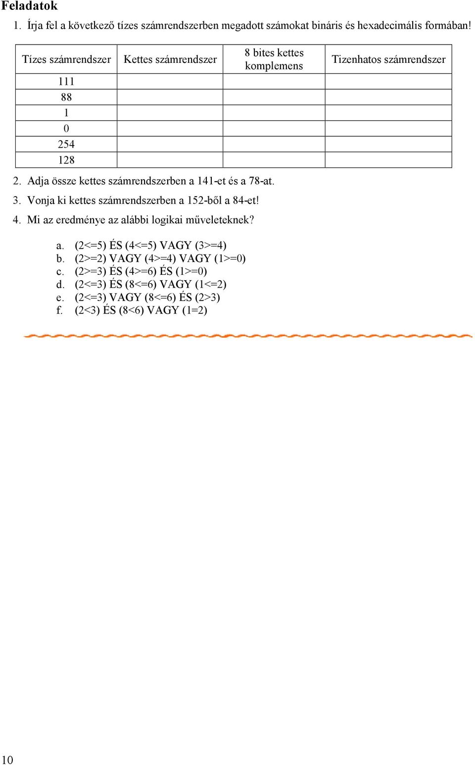 3. Vonja ki kettes számrendszerben a 152-ből a 84-et! 4. Mi az eredménye az alábbi logikai műveleteknek? Tizenhatos számrendszer a.