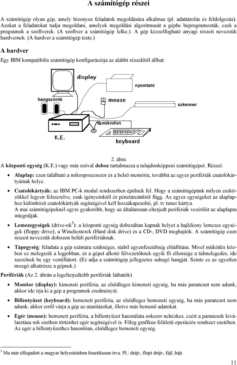 A gép kézzelfogható anyagi részeit nevezzük hardvernek. (A hardver a számítógép teste.