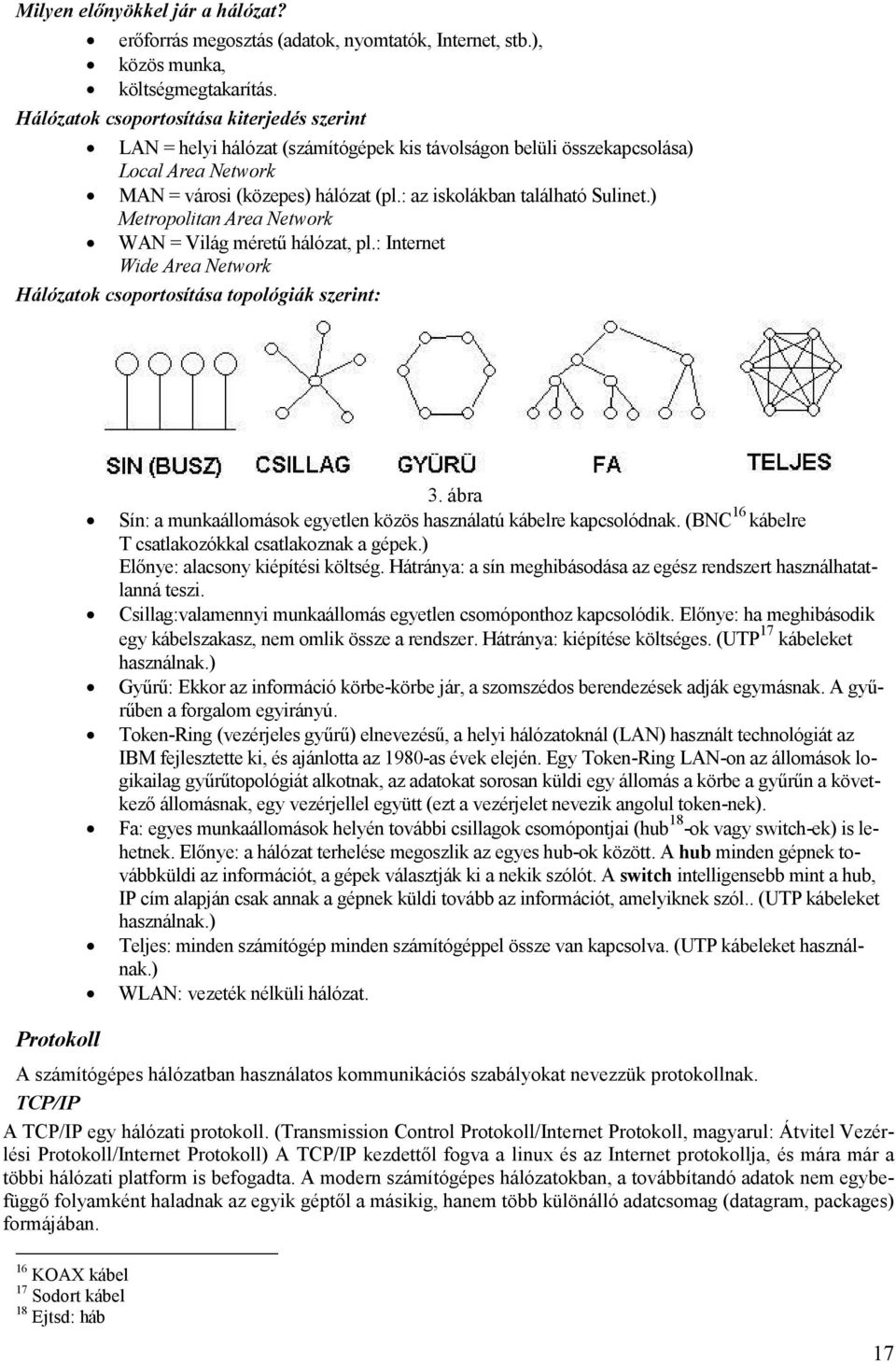 : az iskolákban található Sulinet.) Metropolitan Area Network WAN = Világ méretű hálózat, pl.: Internet Wide Area Network Hálózatok csoportosítása topológiák szerint: Protokoll 3.