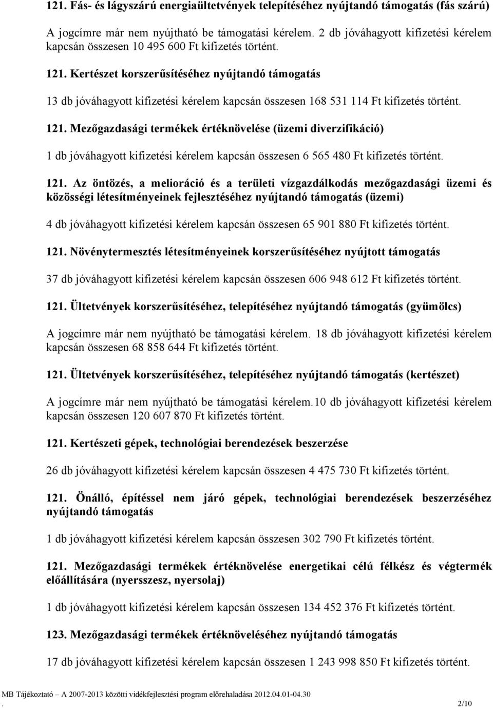 Kertészet korszerűsítéséhez nyújtandó támogatás 13 db jóváhagyott kifizetési kérelem kapcsán összesen 168 531 114 Ft kifizetés történt. 121.