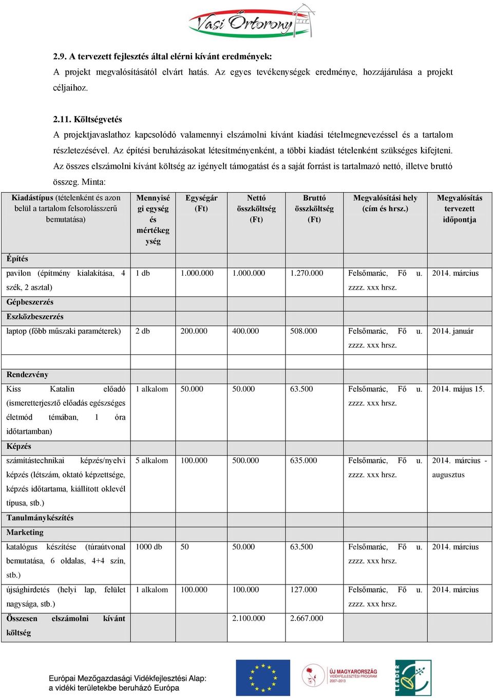 Az építési beruházásokat létesítményenként, a többi kiadást tételenként szükséges kifejteni.