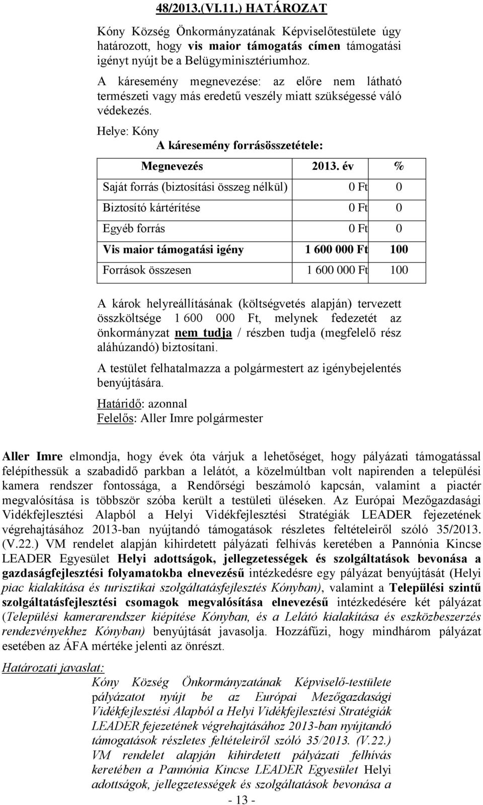 év % Saját forrás (biztosítási összeg nélkül) 0 Ft 0 Biztosító kártérítése 0 Ft 0 Egyéb forrás 0 Ft 0 Vis maior támogatási igény 1 600 000 Ft 100 Források összesen 1 600 000 Ft 100 A károk