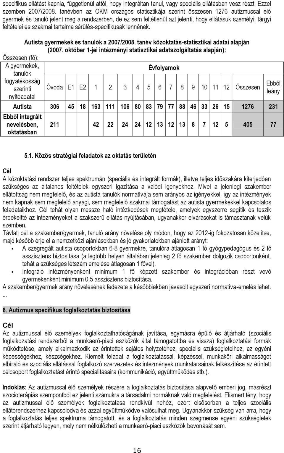 és szakmai tartalma sérülés-specifikusak lennének. Autista gyermekek és tanulók a 2007/2008. tanév közoktatás-statisztikai adatai alapján (2007.