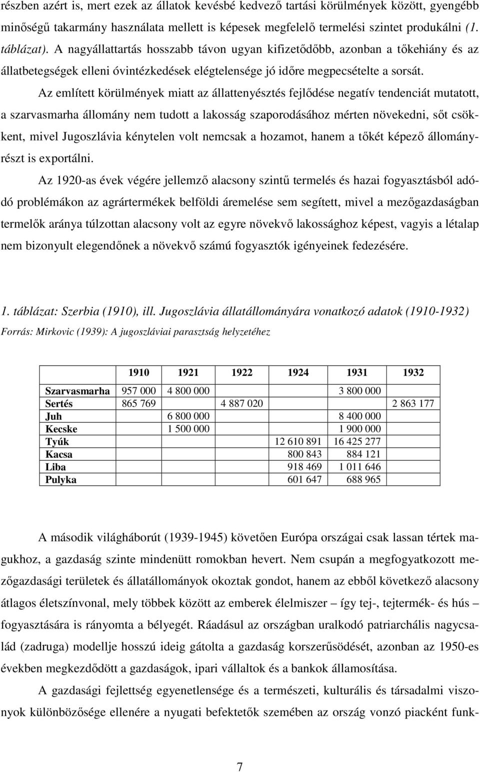 Az említett körülmények miatt az állattenyésztés fejlődése negatív tendenciát mutatott, a szarvasmarha állomány nem tudott a lakosság szaporodásához mérten növekedni, sőt csökkent, mivel Jugoszlávia