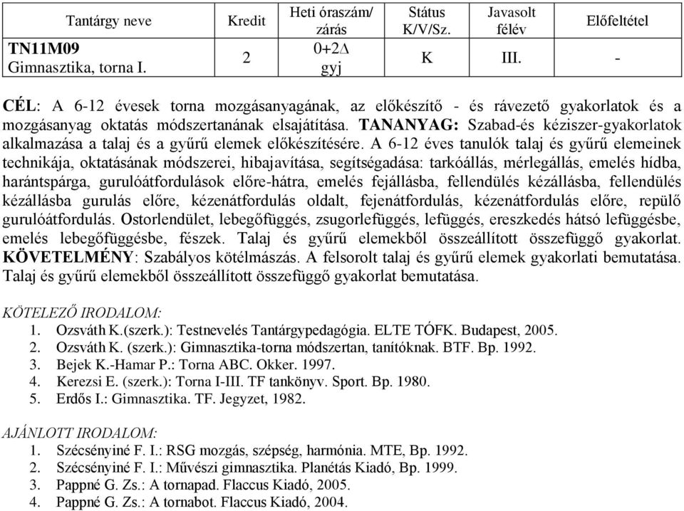 A 6-1 éves tanulók talaj és gyűrű elemeinek technikája, oktatásának módszerei, hibajavítása, segítségadása: tarkóállás, mérlegállás, emelés hídba, harántspárga, gurulóátfordulások előre-hátra, emelés