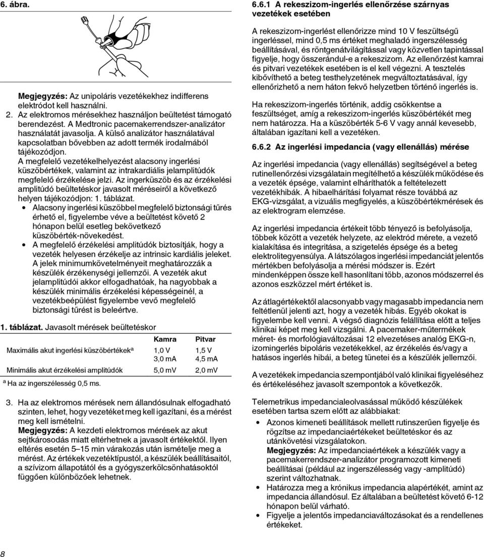 A megfelelő vezetékelhelyezést alacsony ingerlési küszöbértékek, valamint az intrakardiális jelamplitúdók megfelelő érzékelése jelzi.