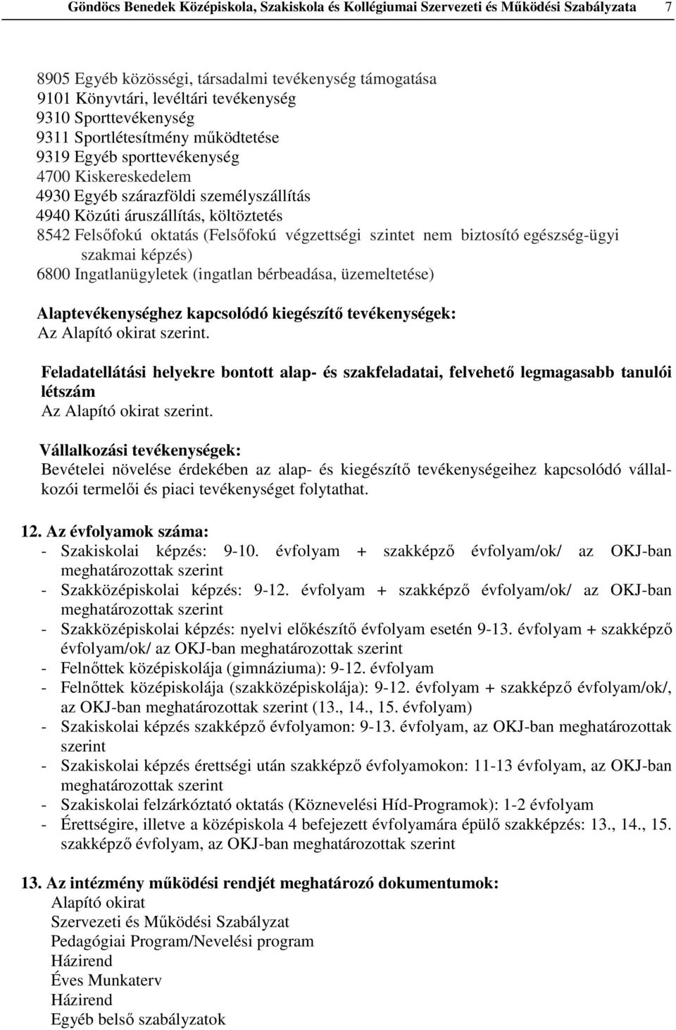 oktatás (Felsőfokú végzettségi szintet nem biztosító egészség-ügyi szakmai képzés) 6800 Ingatlanügyletek (ingatlan bérbeadása, üzemeltetése) Alaptevékenységhez kapcsolódó kiegészítő tevékenységek: Az