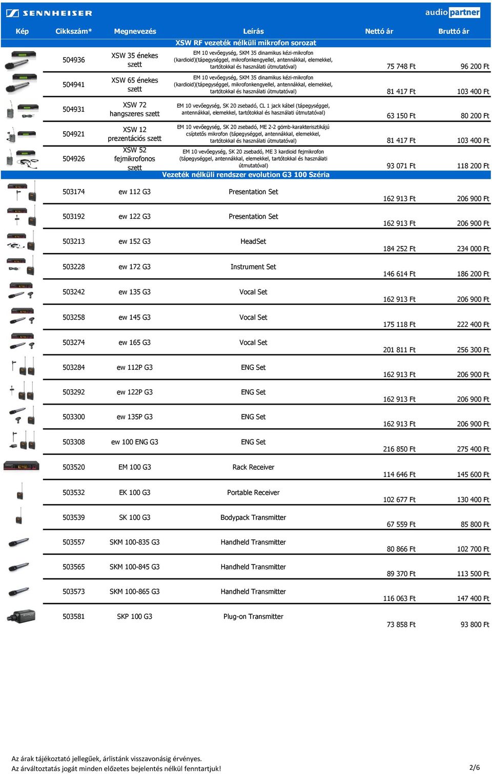 elemekkel, tartótokkal és használati útmutatóval) 81 417 Ft 103 400 Ft 504931 504921 504926 XSW 72 hangszeres szett XSW 12 prezentációs szett XSW 52 fejmikrofonos szett EM 10 vevőegység, SK 20