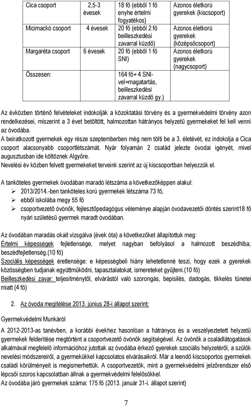 ) Azonos életkorú gyerekek (kis) Azonos életkorú gyerekek (középső) Azonos életkorú gyerekek (nagy) Az évközben történő felvételeket indokolják a közoktatási törvény és a gyermekvédelmi törvény azon