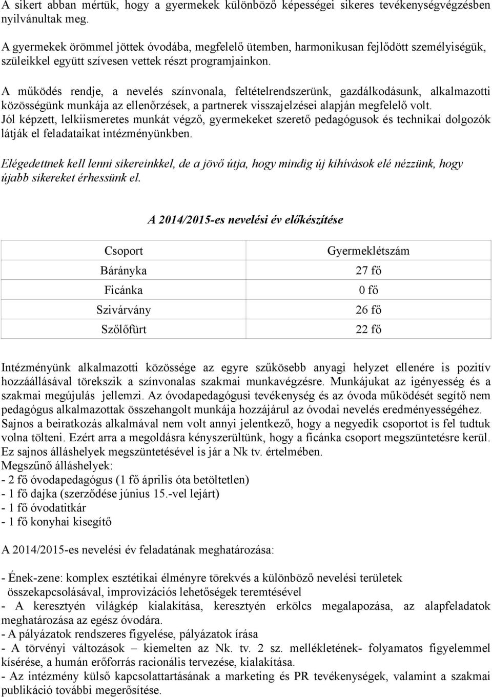 A működés rendje, a nevelés színvonala, feltételrendszerünk, gazdálkodásunk, alkalmazotti közösségünk munkája az ellenőrzések, a partnerek visszajelzései alapján megfelelő volt.