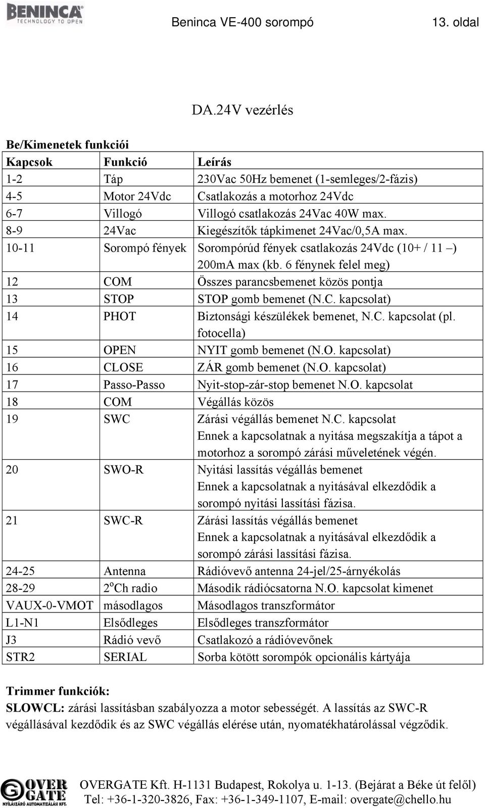 8-9 24Vac Kiegészítők tápkimenet 24Vac/0,5A max. 10-11 Sorompó fények Sorompórúd fények csatlakozás 24Vdc (10+ / 11 ) 200mA max (kb.