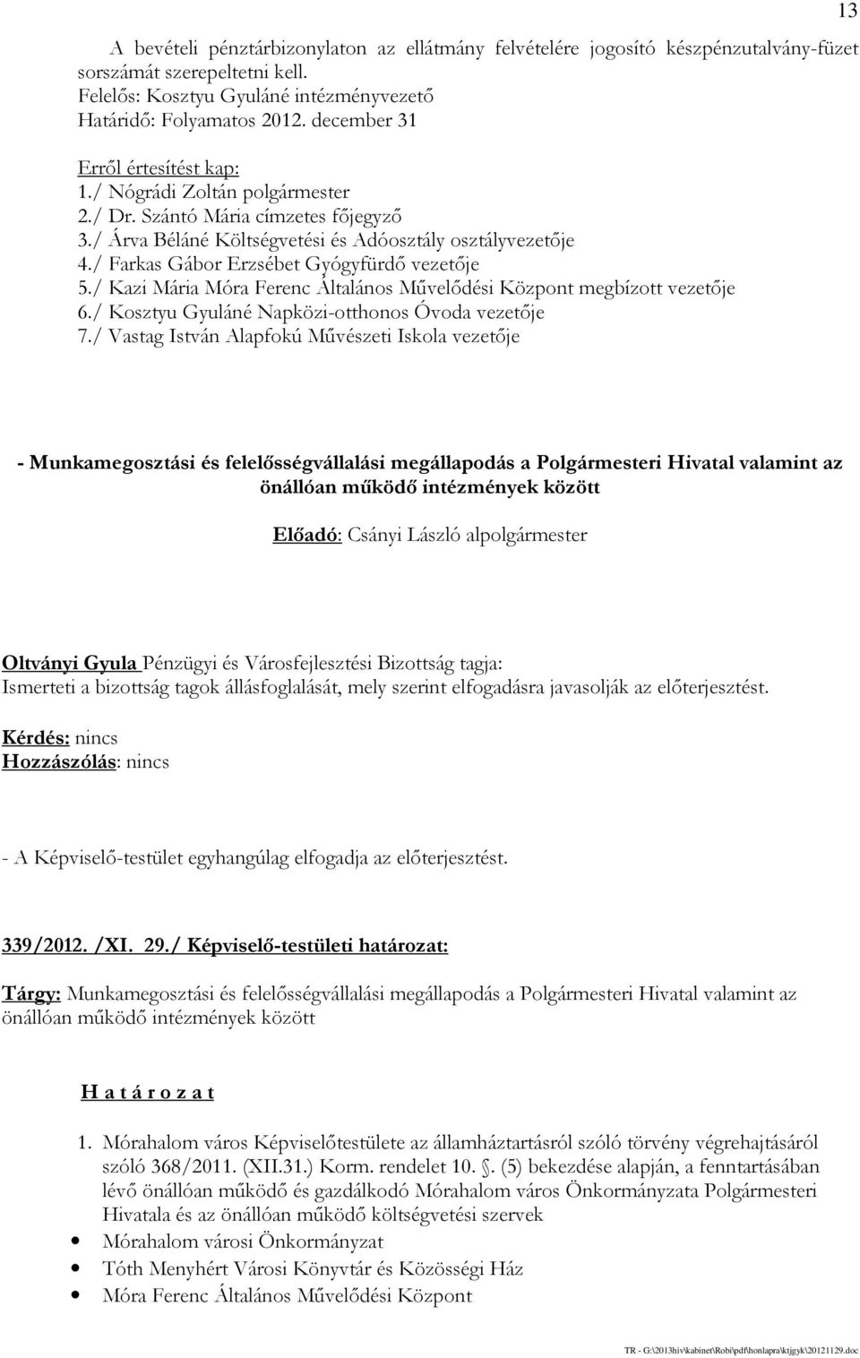 / Farkas Gábor Erzsébet Gyógyfürdő vezetője 5./ Kazi Mária Móra Ferenc Általános Művelődési Központ megbízott vezetője 6./ Kosztyu Gyuláné Napközi-otthonos Óvoda vezetője 7.