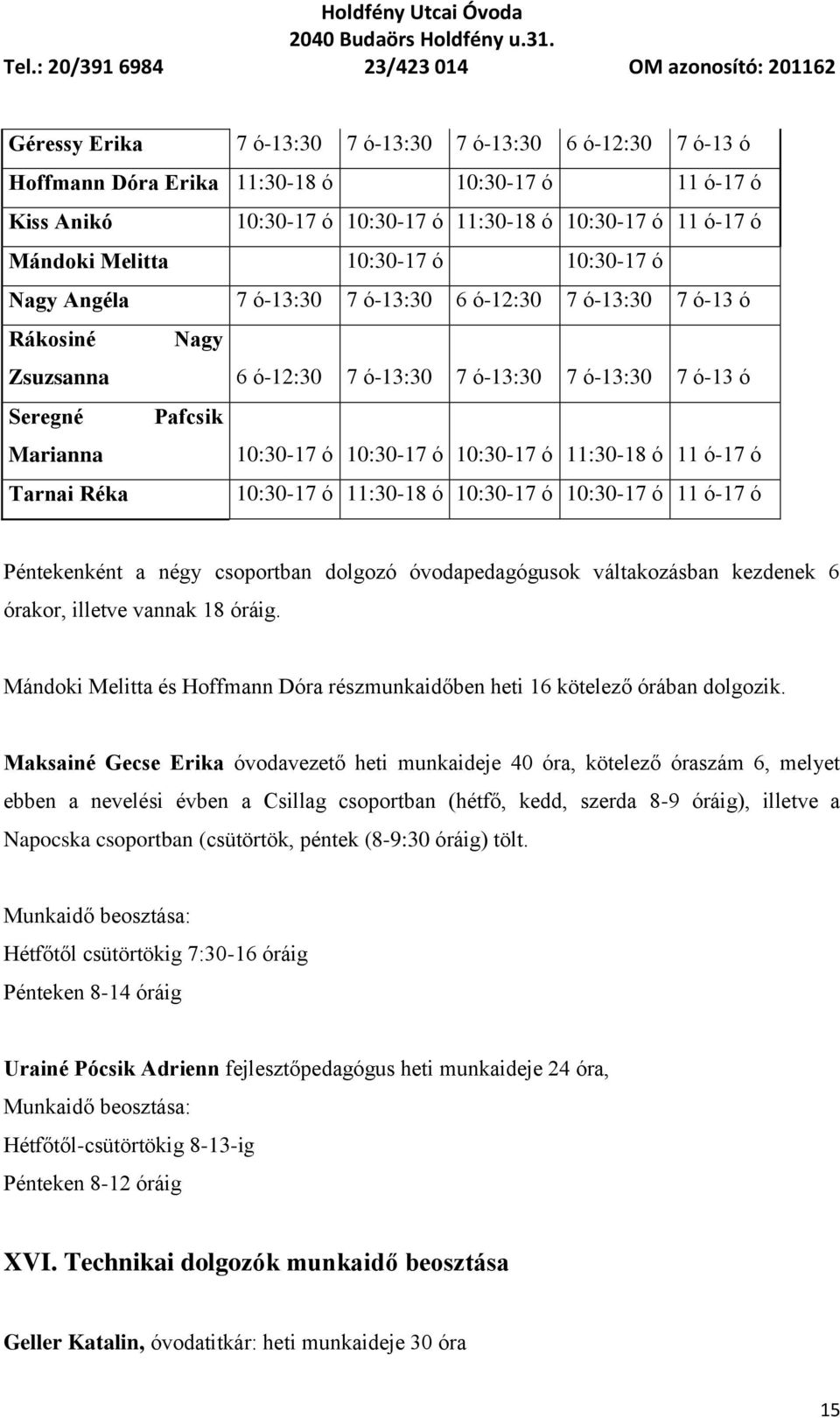 10:30-17 ó 10:30-17 ó 11:30-18 ó 11 ó-17 ó Tarnai Réka 10:30-17 ó 11:30-18 ó 10:30-17 ó 10:30-17 ó 11 ó-17 ó Péntekenként a négy csoportban dolgozó óvodapedagógusok váltakozásban kezdenek 6 órakor,