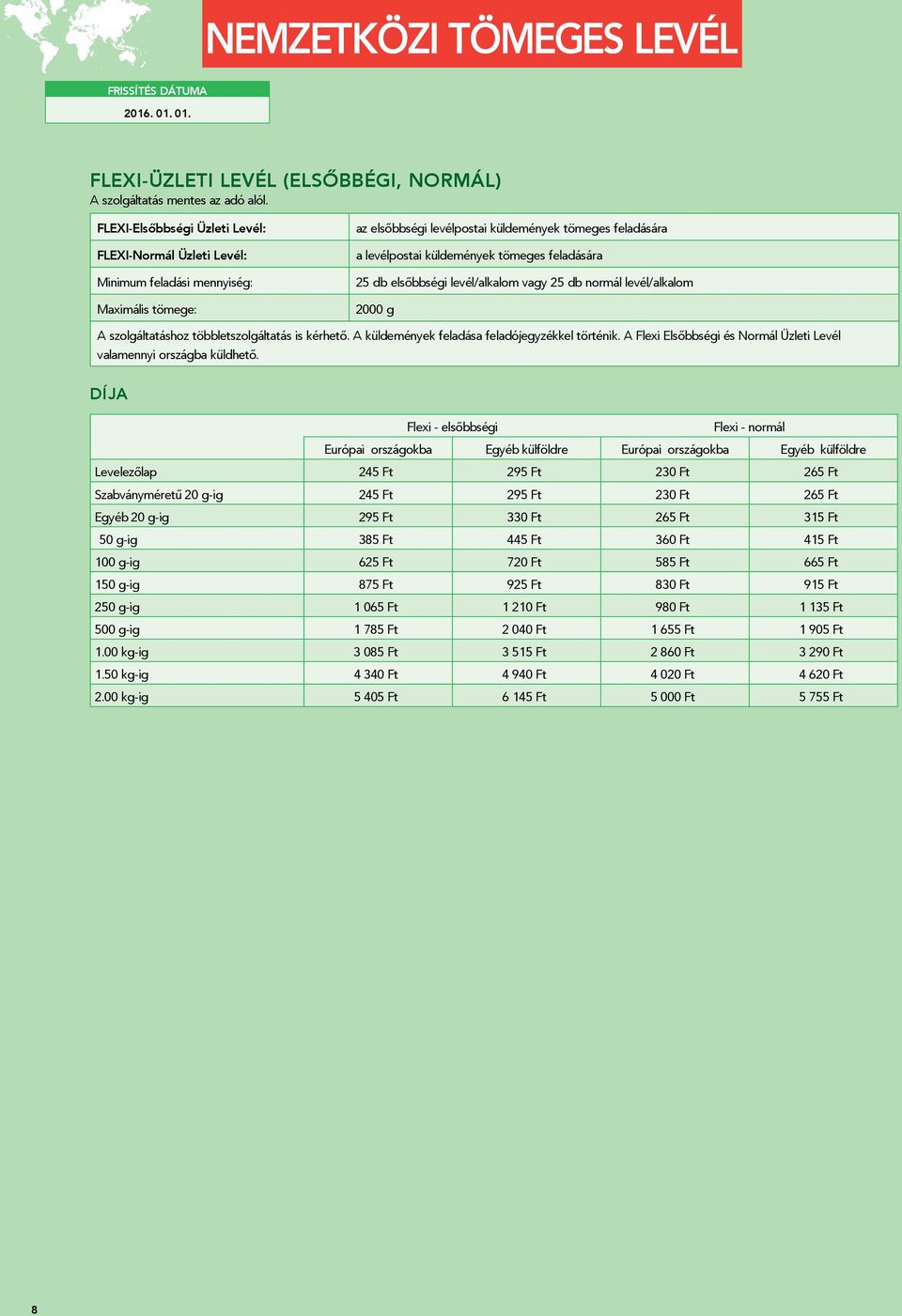 feladására 25 db elsőbbségi levél/alkalom vagy 25 db normál levél/alkalom 2000 g A szolgáltatáshoz többletszolgáltatás is kérhető. A küldemények feladása feladójegyzékkel történik.