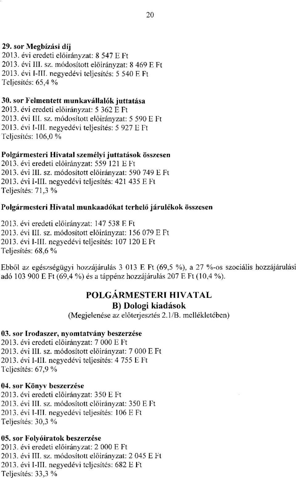 negyedévi teljesítés: 5 927 E Ft Teljesítés: 106,0% Polgármesteri Hivatal személyi juttatások összesen 2013. évi eredeti : 559 121 E Ft 2013. évi III. sz. módosított : 590 749 E Ft 2013. évi I-III.