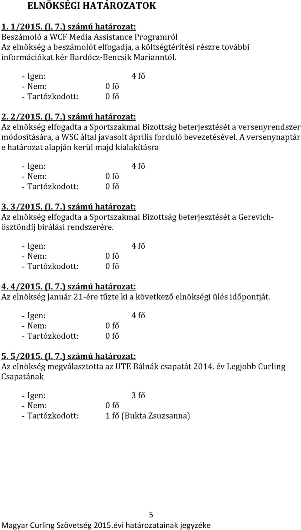 (I. 7.) számú határozat: Az elnökség elfogadta a Sportszakmai Bizottság beterjesztését a versenyrendszer módosítására, a WSC által javasolt április forduló bevezetésével.