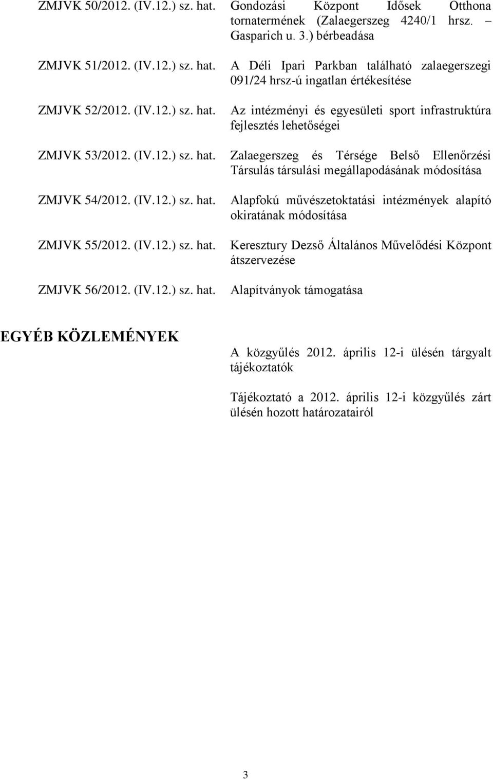 Zalaegerszeg és Térsége Belső Ellenőrzési Társulás társulási megállapodásának módosítása ZMJVK 54/2012.  ZMJVK 55/2012.  ZMJVK 56/2012.