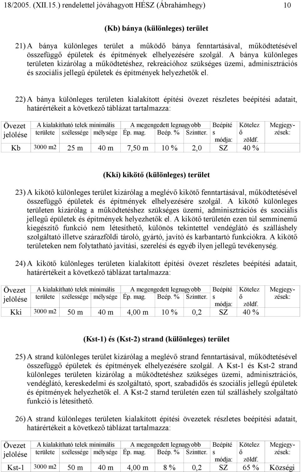 22) A bánya különleges területen kialakított építési övezet részletes beépítési adatait, határértékeit a következő táblázat tartalmazza: Övezet jelölése A kialakítható telek minimális A megengedett