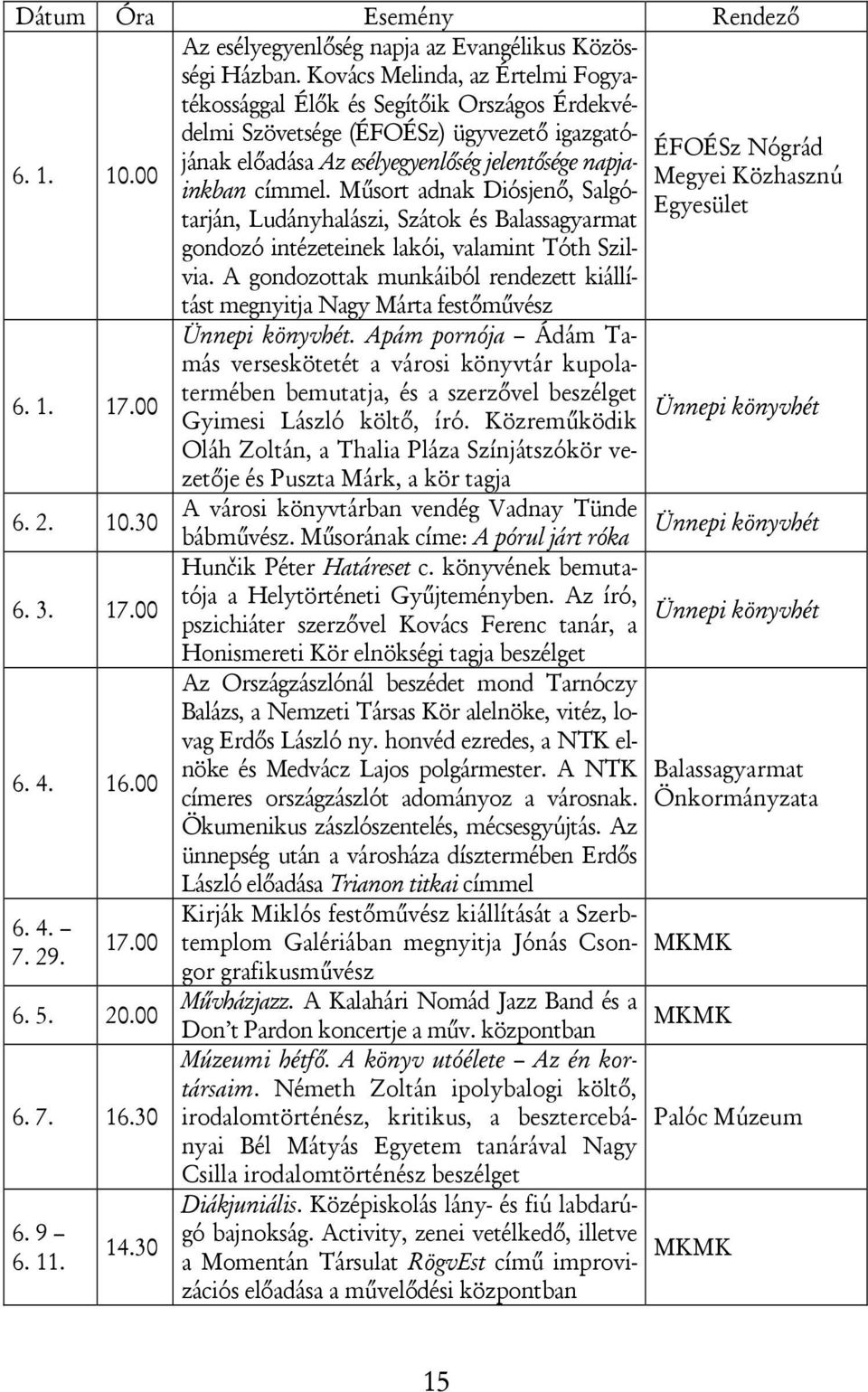 A gondozottak munkáiból rendezett kiállítást megnyitja Nagy Márta festőművész 6. 1. 17.00 6. 2. 10.30 6. 3. 17.00 6. 4. 16.00 6. 4. 7. 29. 17.00 6. 5. 20.00 6. 7. 16.30 6. 9 6. 11. 14.