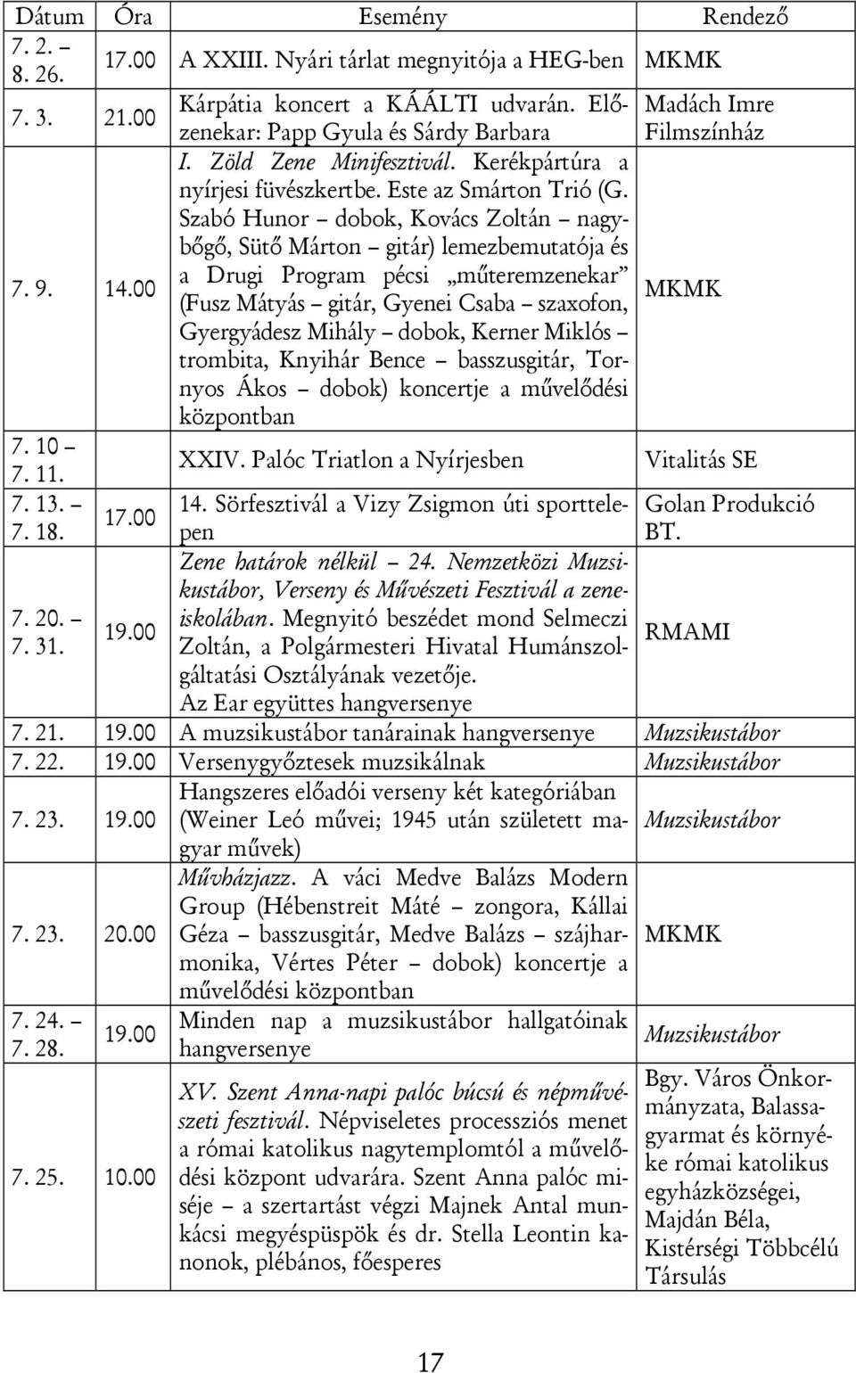 Szabó Hunor dobok, Kovács Zoltán nagybőgő, Sütő Márton gitár) lemezbemutatója és a Drugi Program pécsi műteremzenekar (Fusz Mátyás gitár, Gyenei Csaba szaxofon, Gyergyádesz Mihály dobok, Kerner