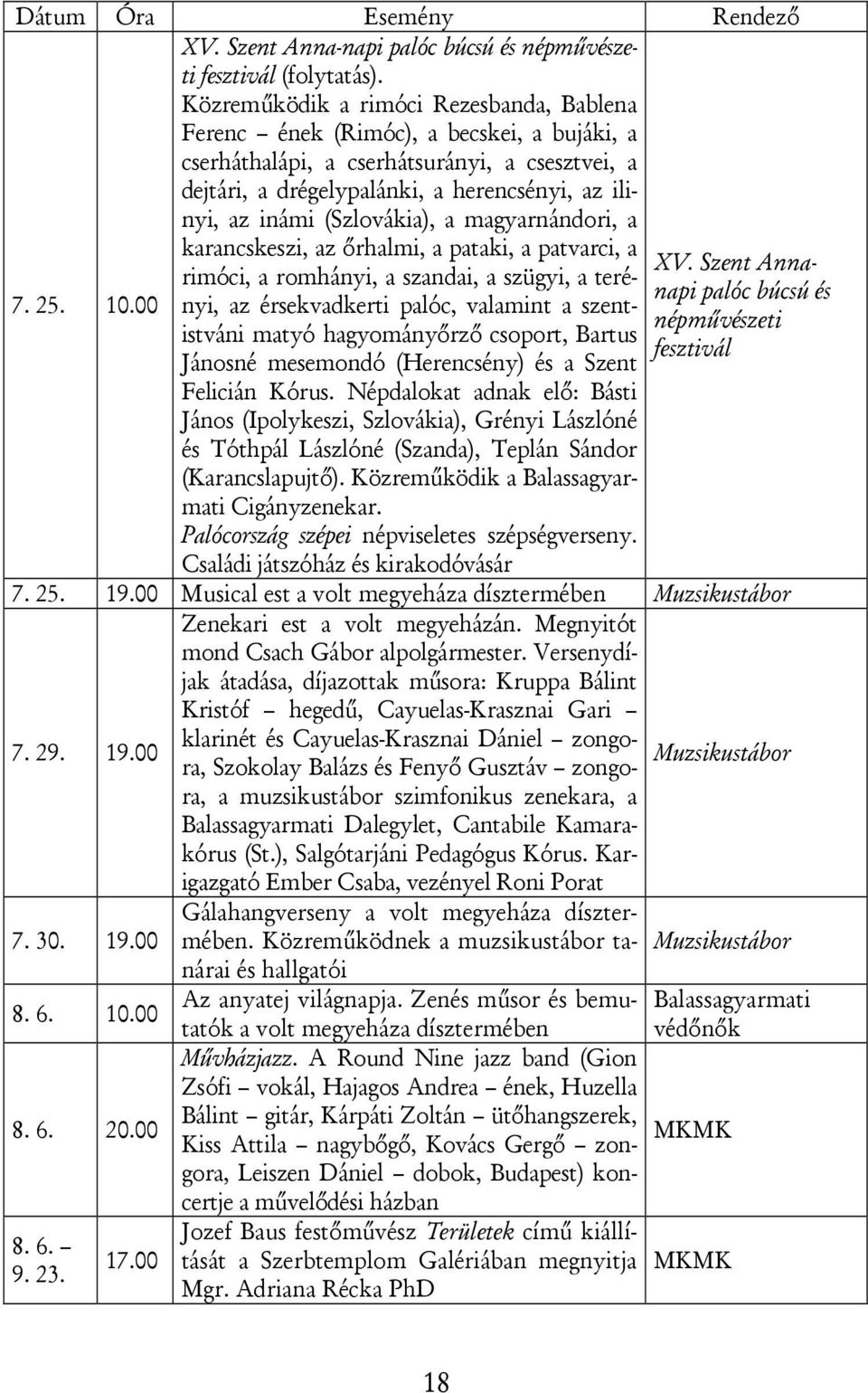 (Szlovákia), a magyarnándori, a 7. 25. 10.00 karancskeszi, az őrhalmi, a pataki, a patvarci, a XV.