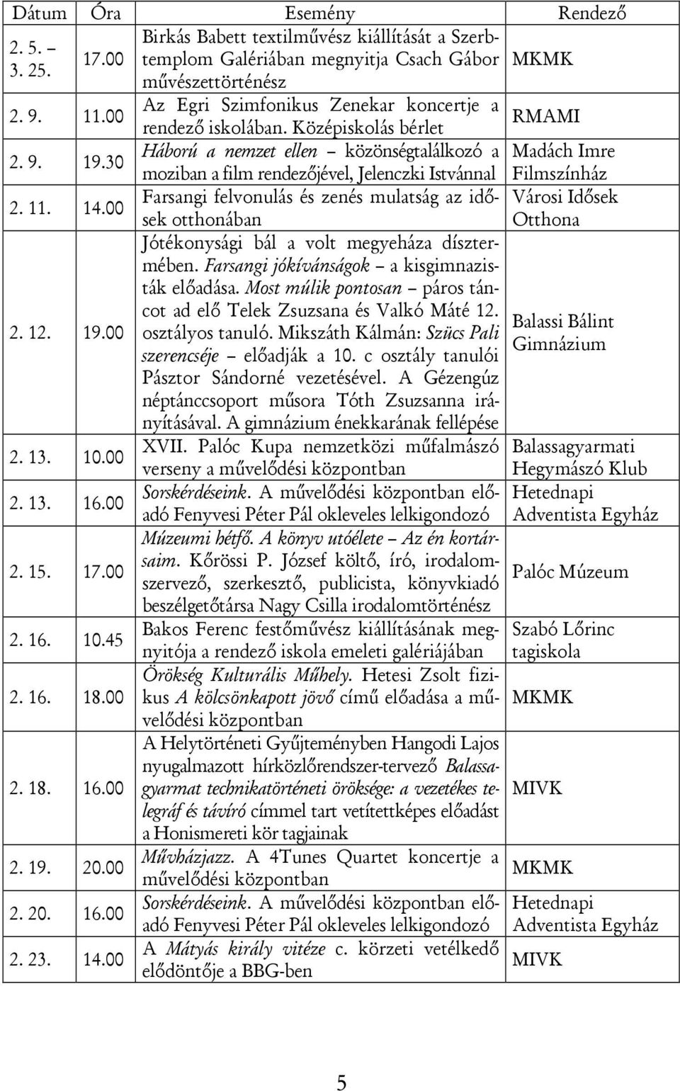 00 2. 20. 16.00 2. 23. 14.00 moziban a film rendezőjével, Jelenczki Istvánnal Farsangi felvonulás és zenés mulatság az idősek otthonában Jótékonysági bál a volt megyeháza dísztermében.