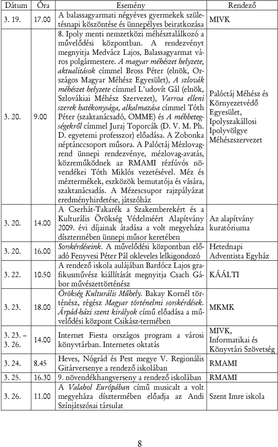 A magyar méhészet helyzete, aktualitások címmel Bross Péter (elnök, Országos Magyar Méhész Egyesület), A szlovák méhészet helyzete címmel L udovít Gál (elnök, Palóctáj Méhész és Szlovákiai Méhész