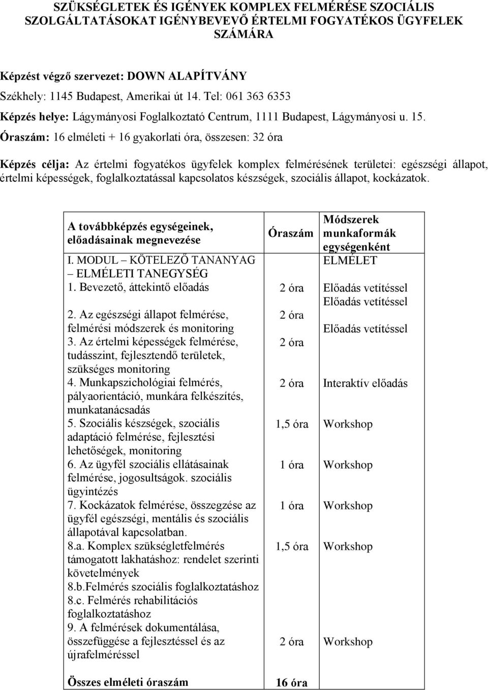 Óraszám: 16 elméleti + 16 gyakorlati óra, összesen: 3 Képzés célja: Az értelmi fogyatékos ügyfelek komplex felmérésének területei: egészségi állapot, értelmi képességek, foglalkoztatással kapcsolatos