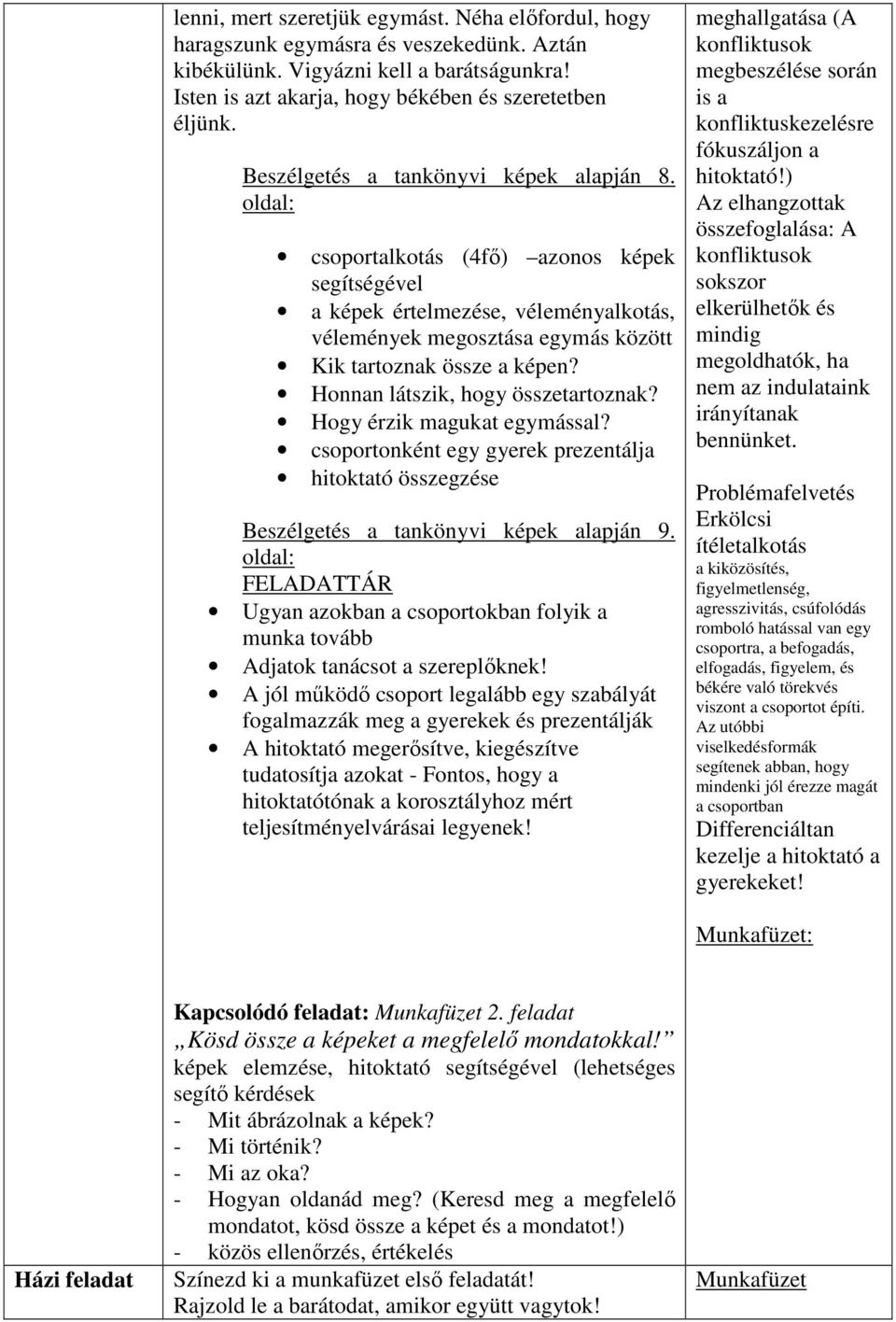 Honnan látszik, hogy összetartoznak? Hogy érzik magukat egymással? csoportonként egy gyerek prezentálja hitoktató összegzése Beszélgetés a tankönyvi képek alapján 9.