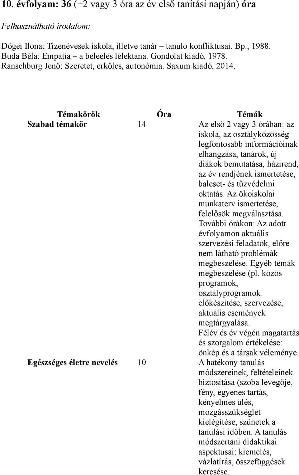 Témakörök Óra Témák Szabad témakör 14 Az első 2 vagy 3 órában: az iskola, az osztályközösség legfontosabb információinak elhangzása, tanárok, új diákok bemutatása, házirend, az év rendjének