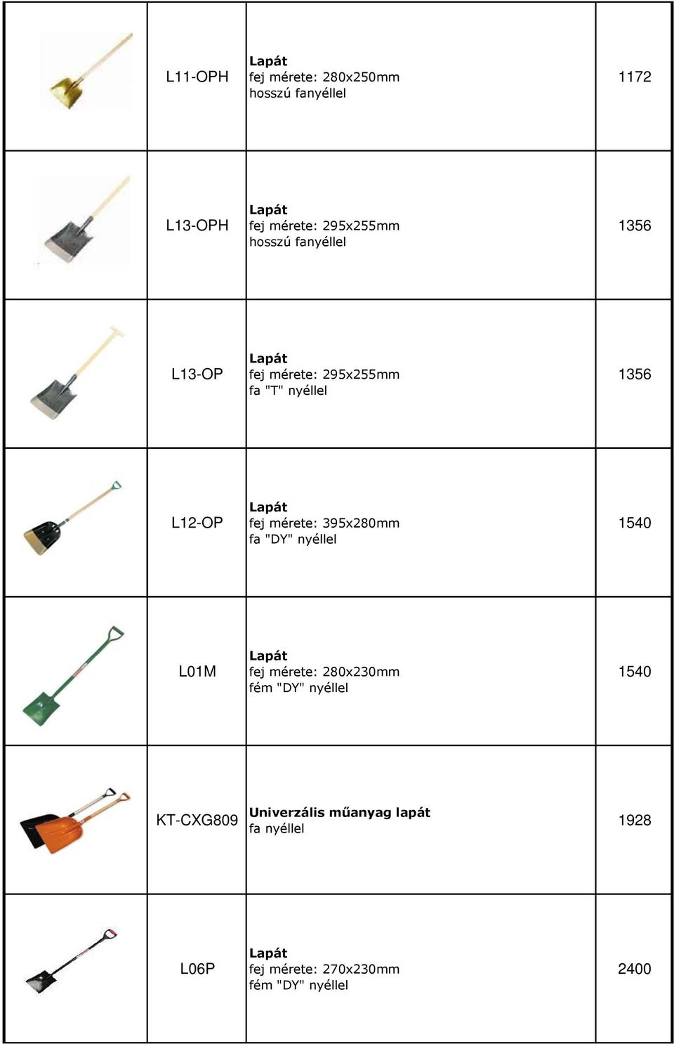 mérete: 395x280mm fa "DY" nyéllel 1540 L01M Lapát fej mérete: 280x230mm fém "DY" nyéllel 1540