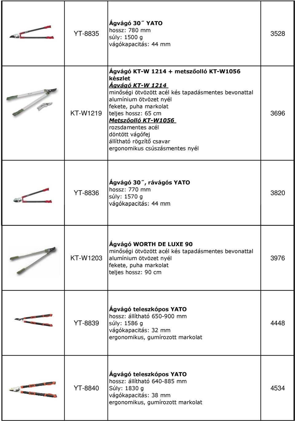 Ágvágó 30, rávágós YATO hossz: 770 mm súly: 1570 g vágókapacitás: 44 mm 3820 KT-W1203 Ágvágó WORTH DE LUXE 90 minőségi ötvözött acél kés tapadásmentes bevonattal alumínium ötvözet nyél fekete, puha