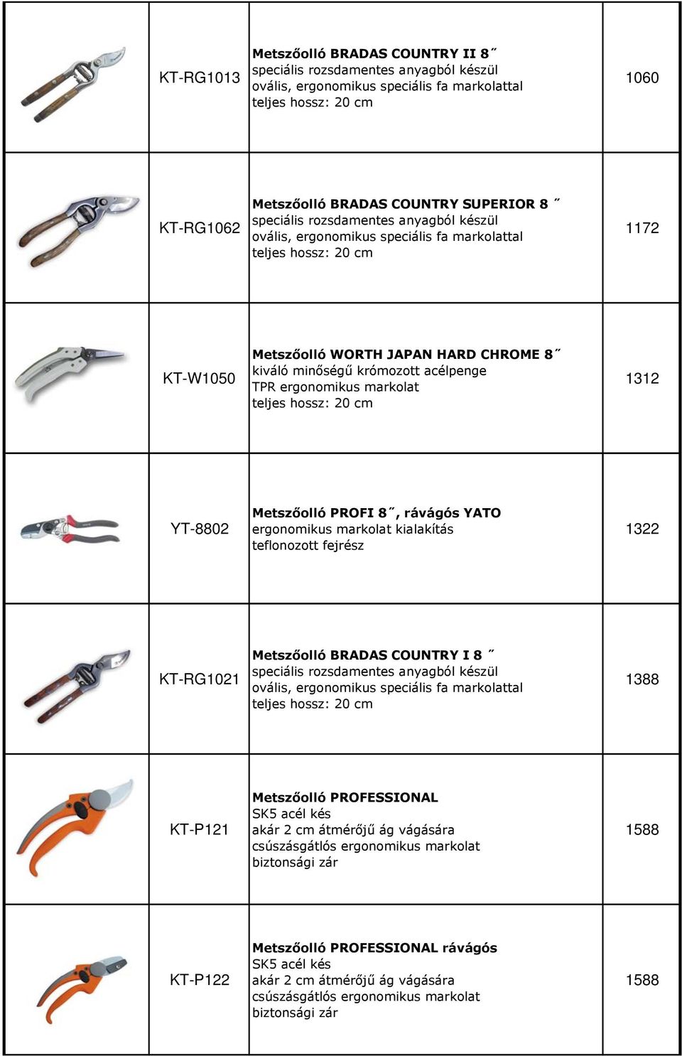 ergonomikus markolat teljes hossz: 20 cm 1312 YT-8802 Metszőolló PROFI 8, rávágós YATO ergonomikus markolat kialakítás teflonozott fejrész 1322 KT-RG1021 Metszőolló BRADAS COUNTRY I 8 speciális