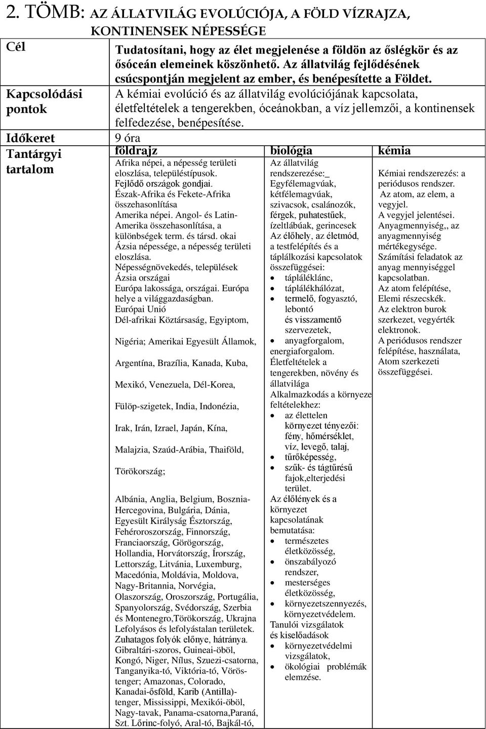 A kémiai evolúció és az állatvilág evolúciójának kapcsolata, életfeltételek a tengerekben, óceánokban, a víz jellemzői, a kontinensek felfedezése, benépesítése.
