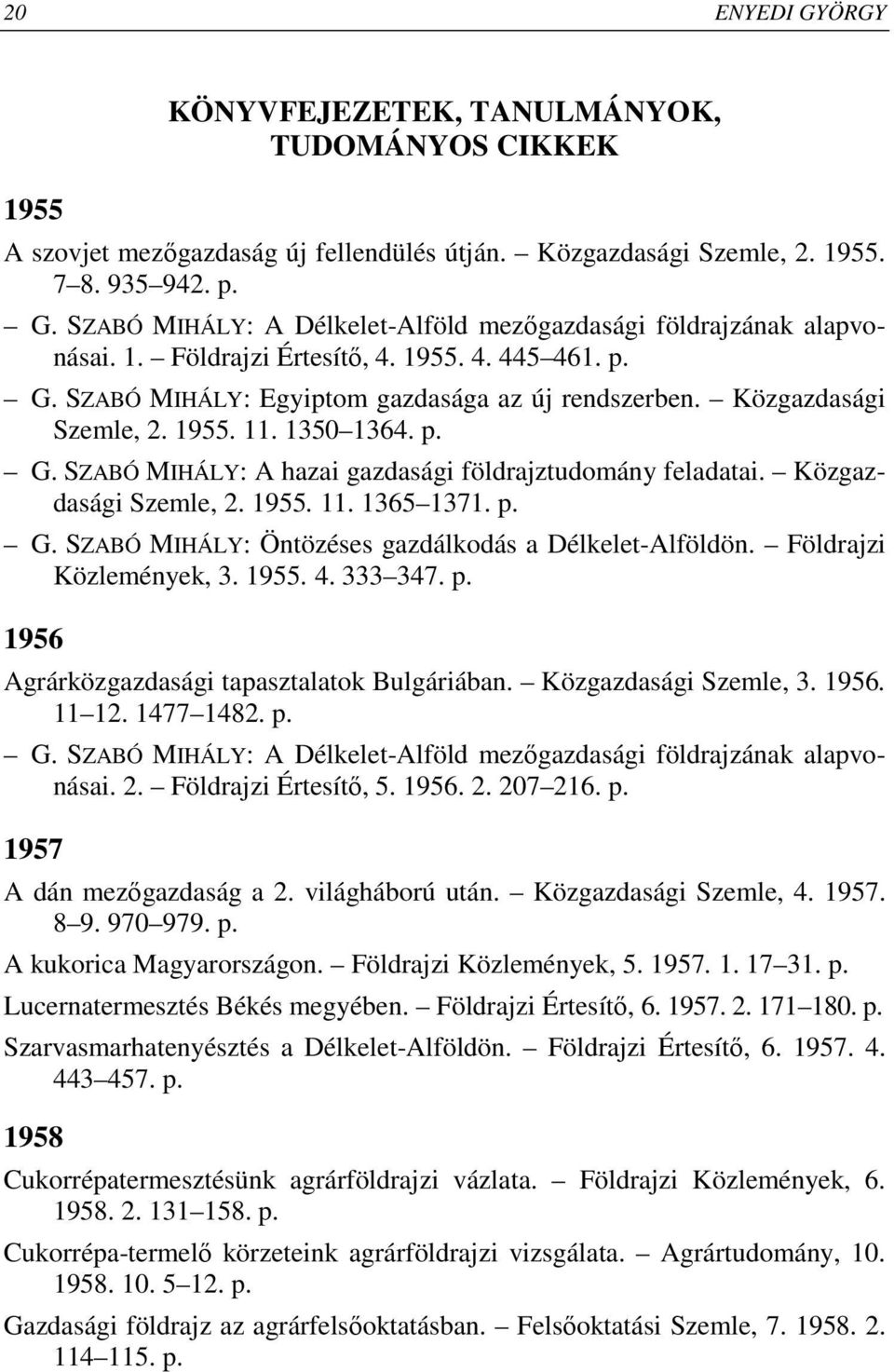 Közgazdasági Szemle, 2. 1955. 11. 1365 1371. p. G. SZABÓ MIHÁLY: Öntözéses gazdálkodás a Délkelet-Alföldön. Földrajzi Közlemények, 3. 1955. 4. 333 347. p. 1956 Agrárközgazdasági tapasztalatok Bulgáriában.