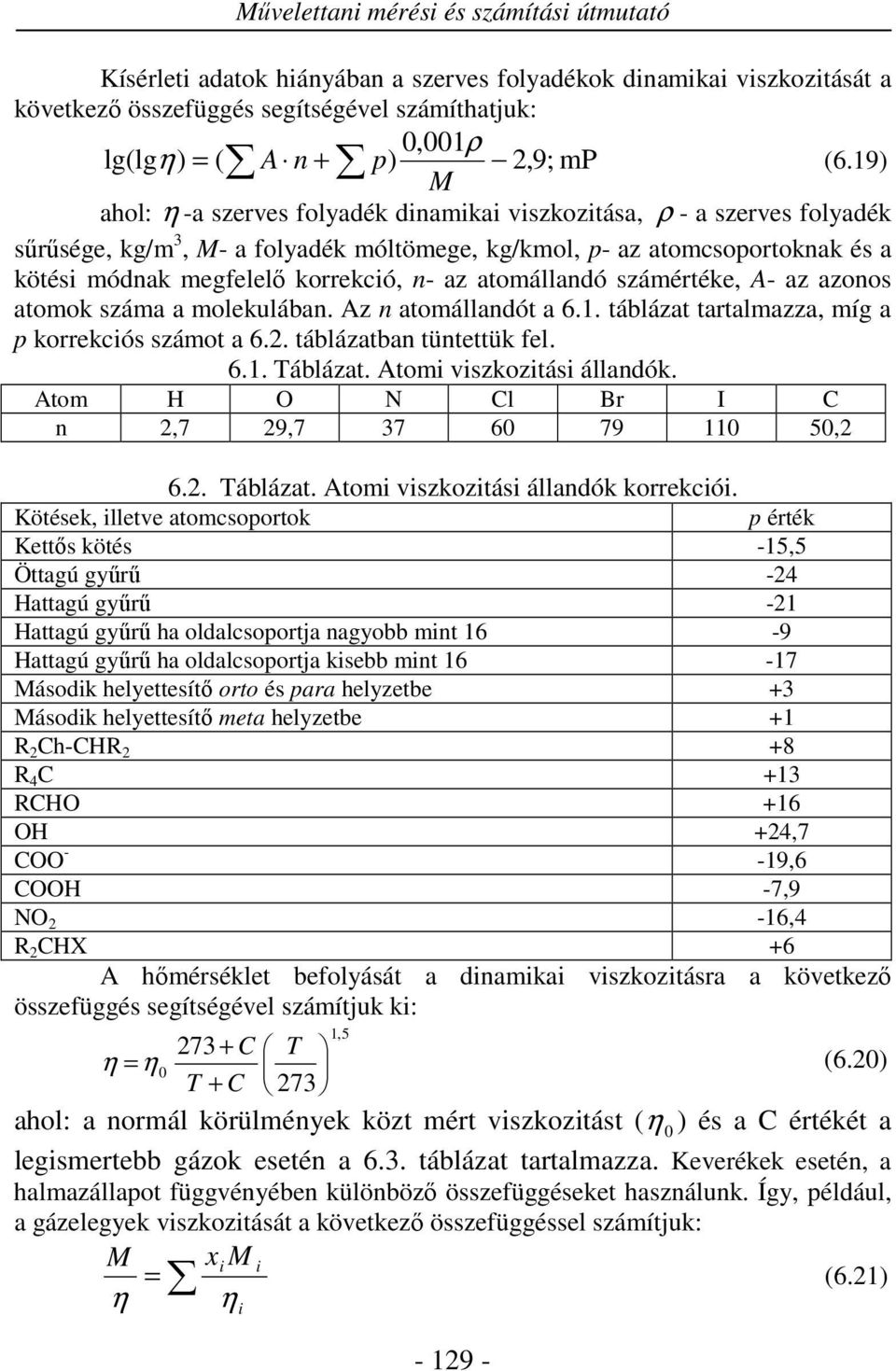 száértéke, - az azonos atook száa a olekulában. z n atoállandót a 6.. táblázat tartalazza, íg a korrekciós száot a 6.. táblázatban tüntettük fel. 6.. Táblázat. toi viszkozitási állandók.