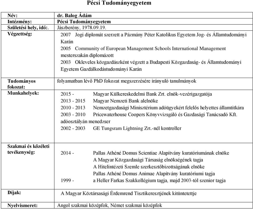 2007 Jogi diplomát szerzett a Pázmány Péter Katolikus Egyetem Jog- és Államtudományi Karán 2005 Community of European Management Schools International Management mesterszakán diplomázott 2003