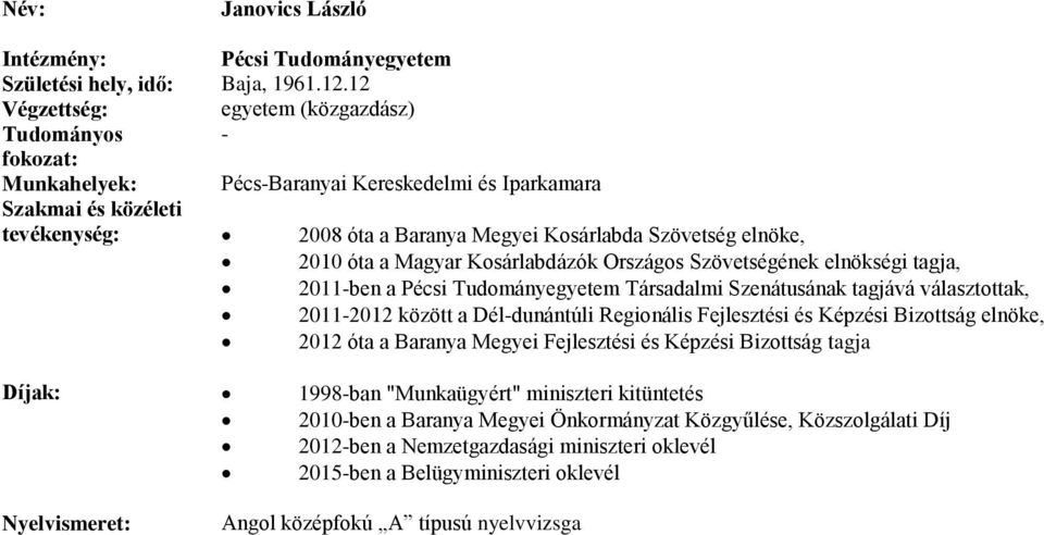 2010 óta a Magyar Kosárlabdázók Országos Szövetségének elnökségi tagja, 2011-ben a Társadalmi Szenátusának tagjává választottak, 2011-2012 között a Dél-dunántúli Regionális Fejlesztési és