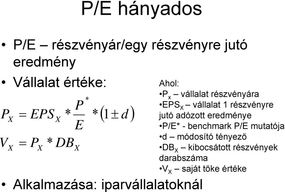 részvényára EPS X vállalat 1 részvényre jutó adózott eredménye P/E* - benchmark P/E