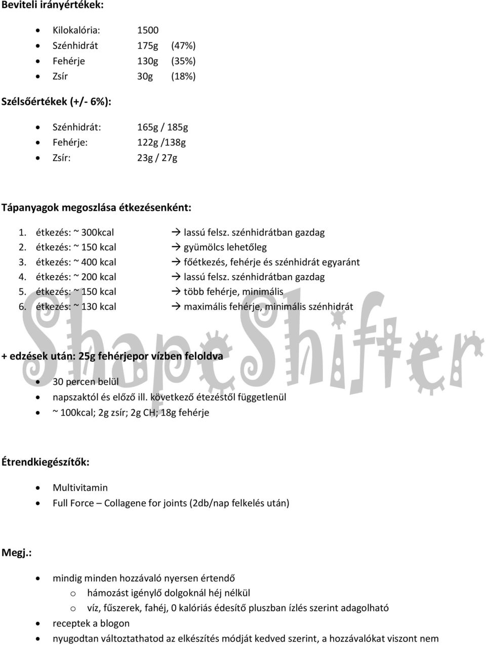 étkezés: ~ 200 kcal lassú felsz. szénhidrátban gazdag 5. étkezés: ~ 150 kcal több fehérje, minimális 6.