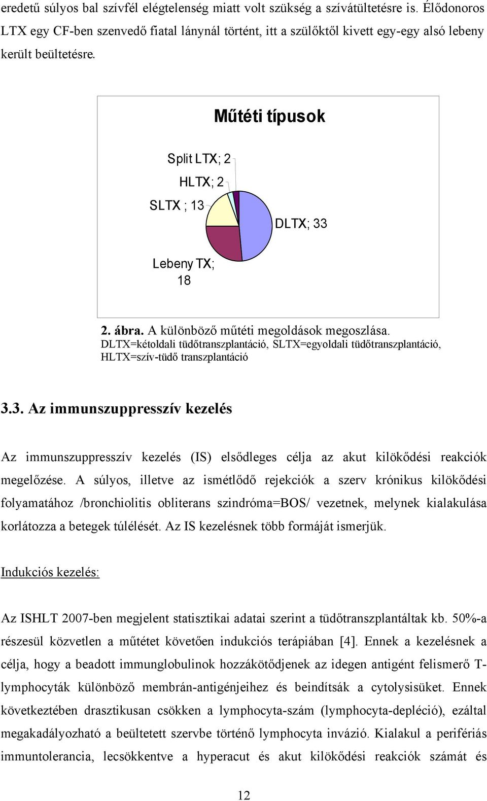 A különböző műtéti megoldások megoszlása. DLTX=kétoldali tüdőtranszplantáció, SLTX=egyoldali tüdőtranszplantáció, HLTX=szív-tüdő transzplantáció 3.