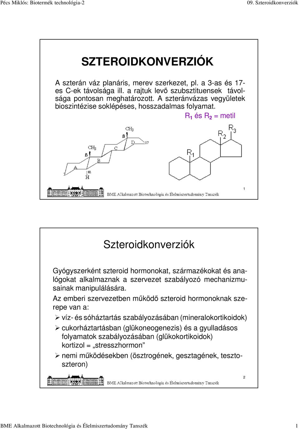 R 1 és R 2 = metil 1 Szteroidkonverziók Gyógyszerként szteroid hormonokat, származékokat és analógokat alkalmaznak a szervezet szabályozó mechanizmusainak manipulálására.