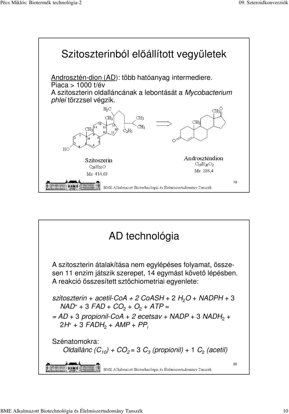 19 AD technológia A szitoszterin átalakítása nem egylépéses folyamat, összesen 11 enzim játszik szerepet, 14 egymást követő lépésben.