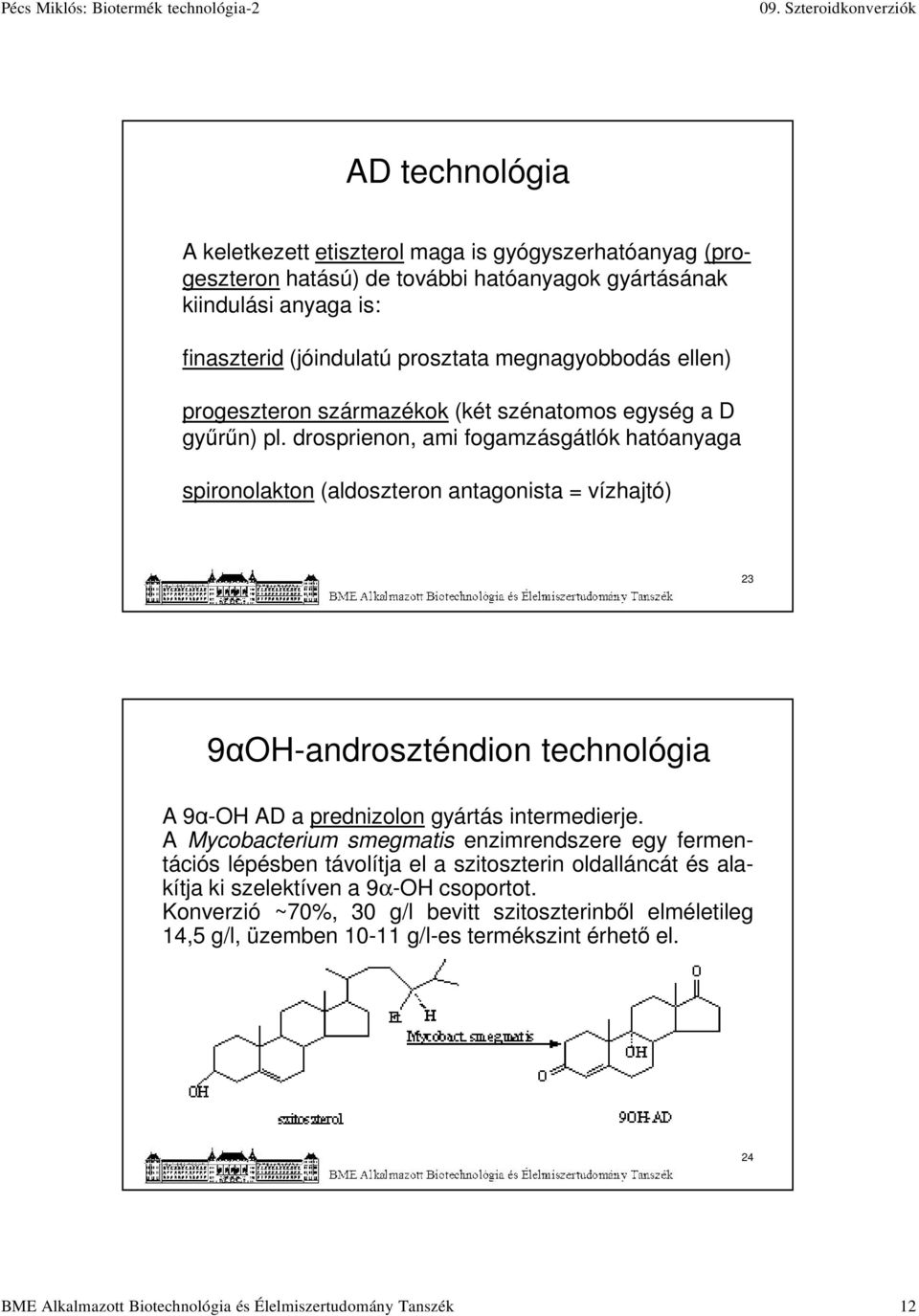 drosprienon, ami fogamzásgátlók hatóanyaga spironolakton (aldoszteron antagonista = vízhajtó) 23 9αOH-androszténdion technológia A 9α-OH AD a prednizolon gyártás intermedierje.