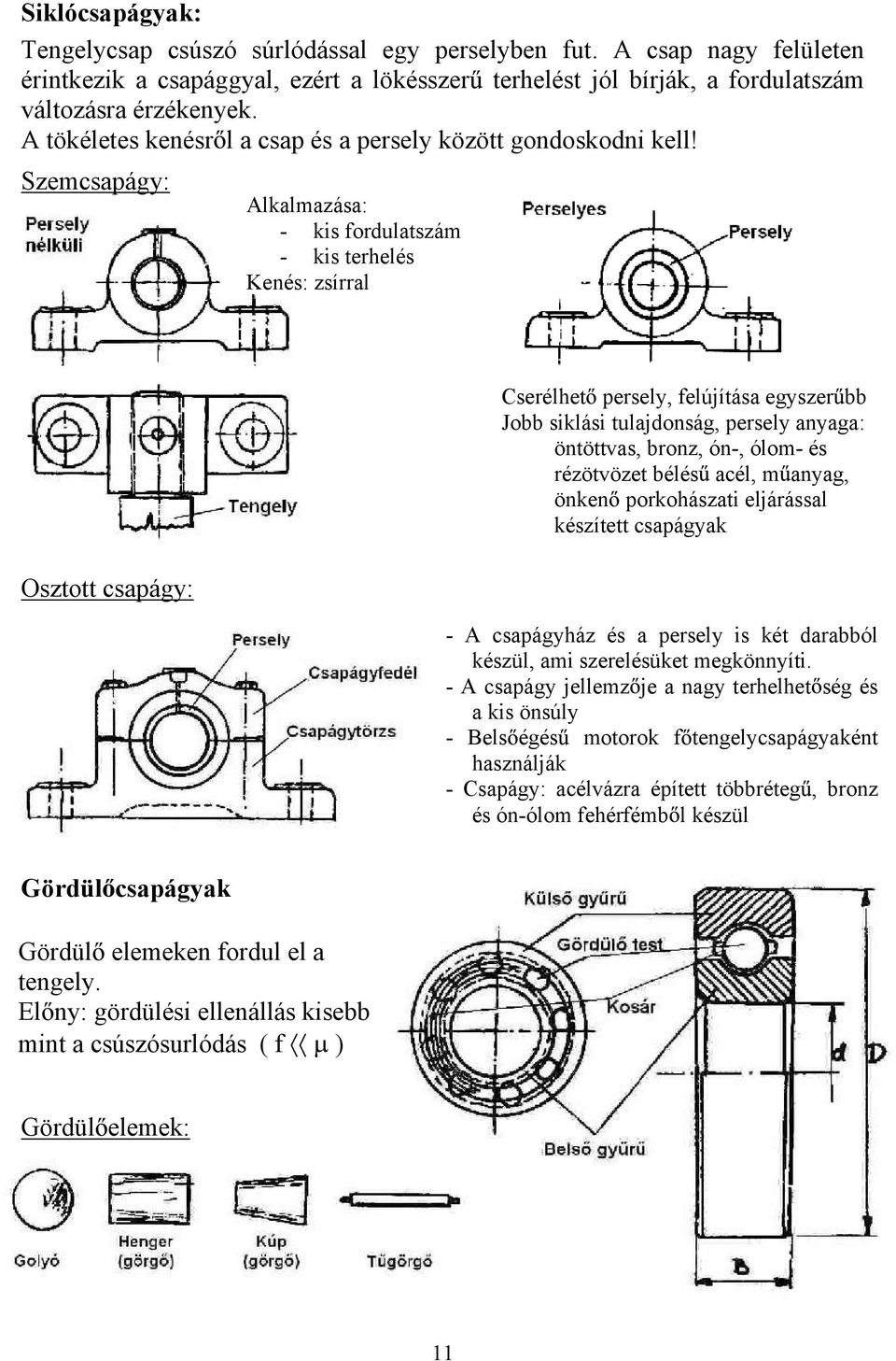 Szemcsapágy: Alkalmazása: - kis fordulatszám - kis terhelés Kenés: zsírral Osztott csapágy: Cserélhet persely, felújítása egyszer bb Jobb siklási tulajdonság, persely anyaga: öntöttvas, bronz, ón-,